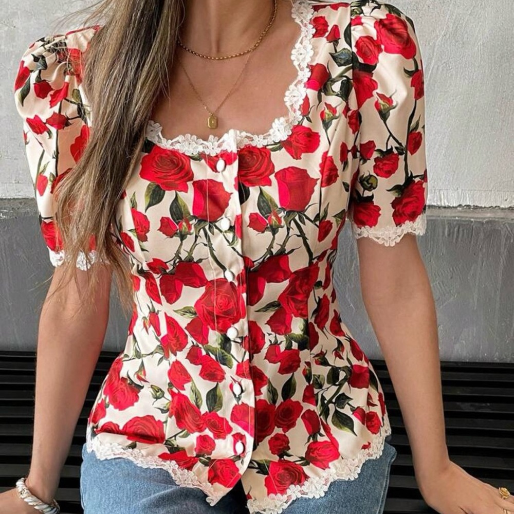 Floral Red and White Women's Top